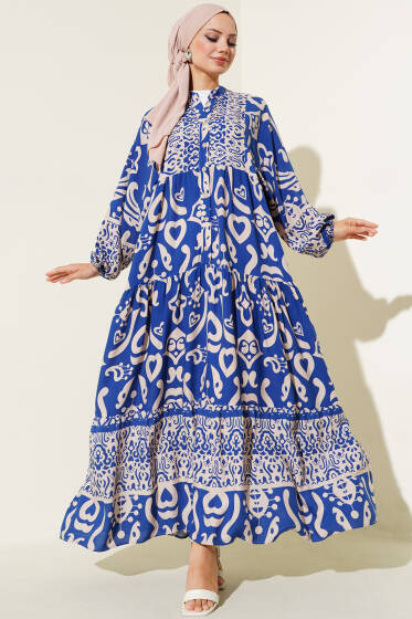 Etnik Desenli Patlı Elbise İndigo - Elbise