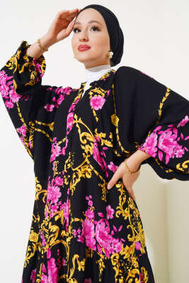 Etnik Desenli Patlı Salaş Elbise Siyah - Tesettür Elbise