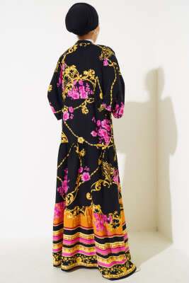 Etnik Desenli Patlı Salaş Elbise Siyah - Tesettür Elbise