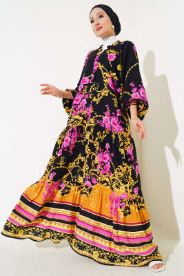 Etnik Desenli Patlı Salaş Elbise Siyah - TEGOE