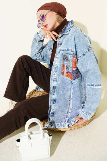 Etnik Desenli Püsküllü Kot Ceket Kot Mavisi - Ceket