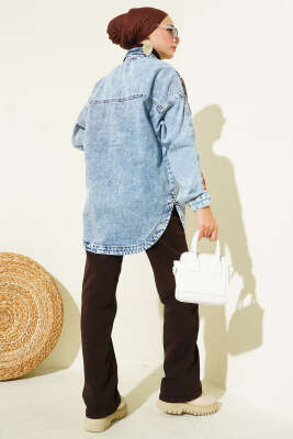 Etnik Desenli Püsküllü Kot Ceket Kot Mavisi - Ceket