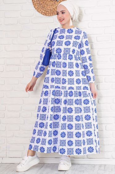 Etnik Desenli Saks Elbise - Tesettür Elbise