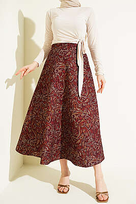 Etnik Desenli Scuba Etek Bordo - HATUN