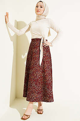 Etnik Desenli Scuba Etek Bordo - Etek