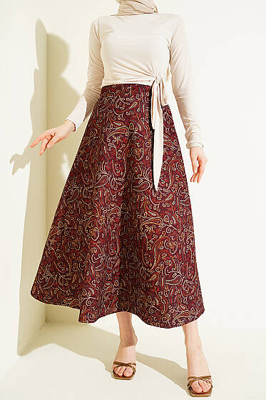 Etnik Desenli Scuba Etek Bordo - Yılın Fırsatı