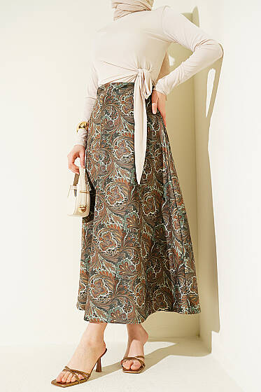 Etnik Desenli Scuba Etek Çağla Yeşili - Etek