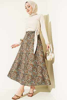 Etnik Desenli Scuba Etek Çağla Yeşili - Etek