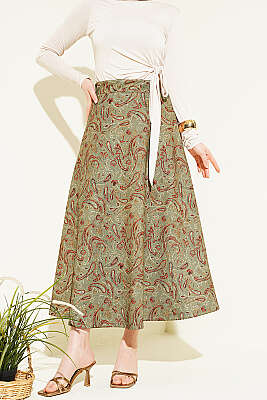 Etnik Desenli Scuba Etek Haki - HATUN