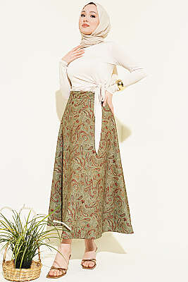 Etnik Desenli Scuba Etek Haki - Etek