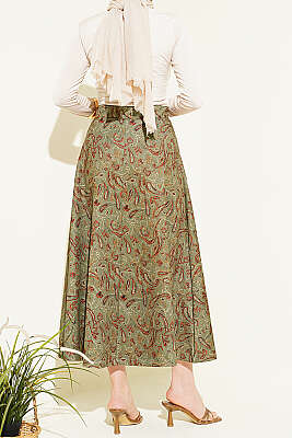 Etnik Desenli Scuba Etek Haki - Etek