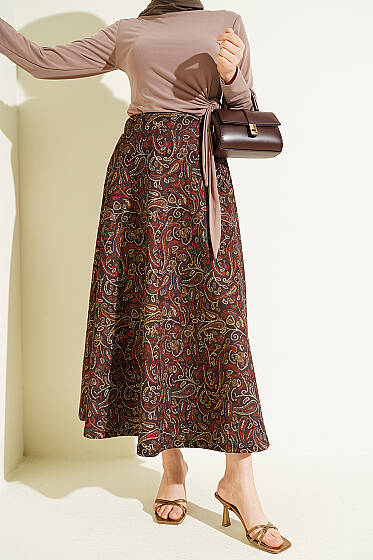 Etnik Desenli Scuba Etek Kahve - Etek