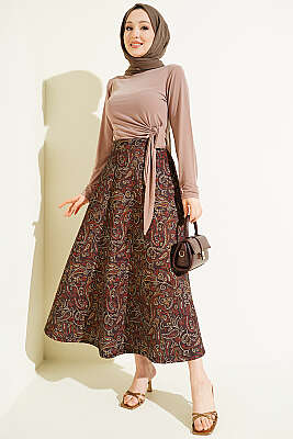 Etnik Desenli Scuba Etek Kahve - Etek