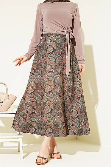 Etnik Desenli Scuba Etek Kayrak Grisi - Yılın Fırsatı