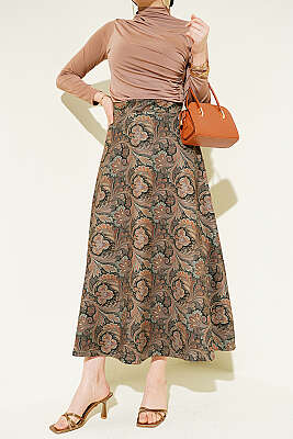 Etnik Desenli Scuba Etek Vizon - HATUN