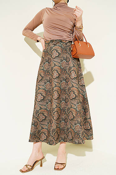 Etnik Desenli Scuba Etek Vizon - Etek