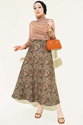 Etnik Desenli Scuba Etek Vizon - Etek