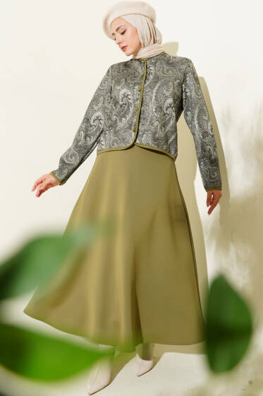 Etnik Desenli Scuba Etekli İkili Takım Haki - İkili Takım