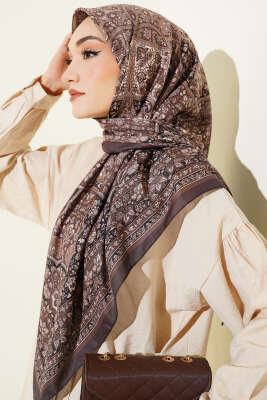 Etnik Desenli Şerit Geçişli Eşarp Acı Kahve - VERTU (NYD TEKSTİL)