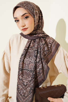 Etnik Desenli Şerit Geçişli Eşarp Acı Kahve - Başörtüsü