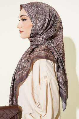 Etnik Desenli Şerit Geçişli Eşarp Acı Kahve - Başörtüsü