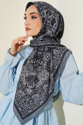 Etnik Desenli Şerit Geçişli Eşarp Füme - VERTU (NYD TEKSTİL)