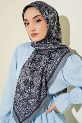 Etnik Desenli Şerit Geçişli Eşarp Füme - Başörtüsü