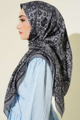 Etnik Desenli Şerit Geçişli Eşarp Füme - Başörtüsü
