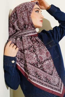 Etnik Desenli Şerit Geçişli Eşarp Kahve - Başörtüsü