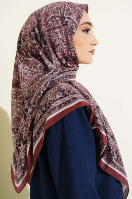 Etnik Desenli Şerit Geçişli Eşarp Kahve - Başörtüsü