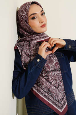 Etnik Desenli Şerit Geçişli Eşarp Kahve 