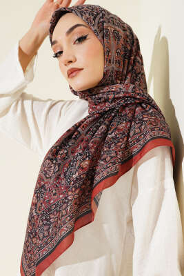 Etnik Desenli Şerit Geçişli Eşarp Kiremit - Başörtüsü