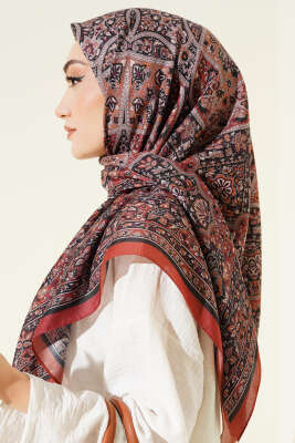 Etnik Desenli Şerit Geçişli Eşarp Kiremit - Başörtüsü