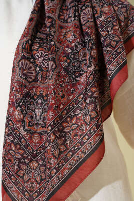 Etnik Desenli Şerit Geçişli Eşarp Kiremit - Başörtüsü