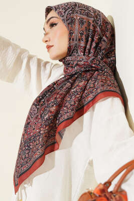 Etnik Desenli Şerit Geçişli Eşarp Kiremit 