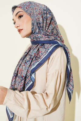 Etnik Desenli Şerit Geçişli Eşarp Lacivert - VERTU (NYD TEKSTİL)