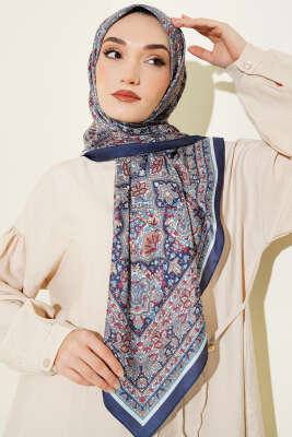 Etnik Desenli Şerit Geçişli Eşarp Lacivert - Başörtüsü