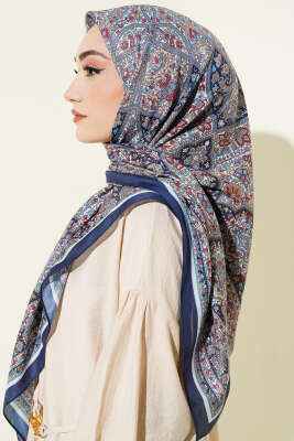 Etnik Desenli Şerit Geçişli Eşarp Lacivert - Başörtüsü