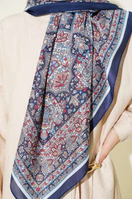 Etnik Desenli Şerit Geçişli Eşarp Lacivert - Başörtüsü