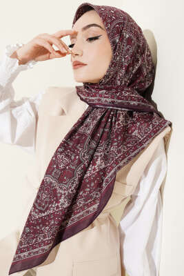 Etnik Desenli Şerit Geçişli Eşarp Mürdüm - Yılın Fırsatı