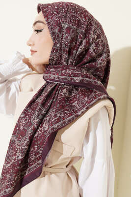 Etnik Desenli Şerit Geçişli Eşarp Mürdüm - Yılın Fırsatı