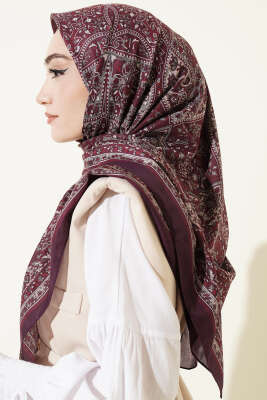 Etnik Desenli Şerit Geçişli Eşarp Mürdüm - Yılın Fırsatı