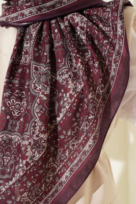 Etnik Desenli Şerit Geçişli Eşarp Mürdüm - Yılın Fırsatı