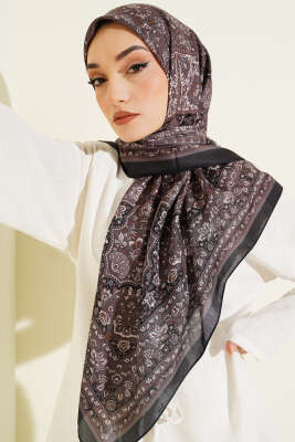 Etnik Desenli Şerit Geçişli Eşarp Siyah - VERTU (NYD TEKSTİL)