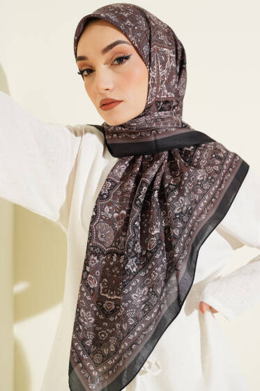 Etnik Desenli Şerit Geçişli Eşarp Siyah - Başörtüsü