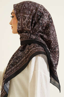 Etnik Desenli Şerit Geçişli Eşarp Siyah - Başörtüsü