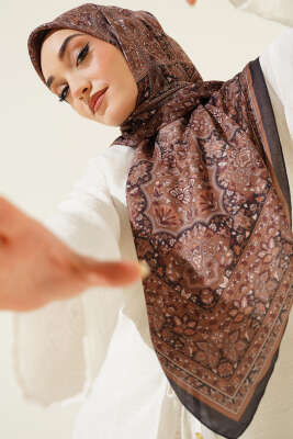 Etnik Desenli Şerit Geçişli Eşarp Siyah Camel - VERTU (NYD TEKSTİL)