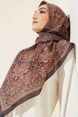 Etnik Desenli Şerit Geçişli Eşarp Siyah Camel - Başörtüsü