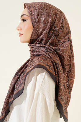 Etnik Desenli Şerit Geçişli Eşarp Siyah Camel - Başörtüsü