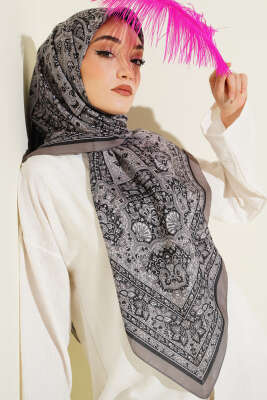 Etnik Desenli Şerit Geçişli Eşarp Taş Gri - VERTU (NYD TEKSTİL)